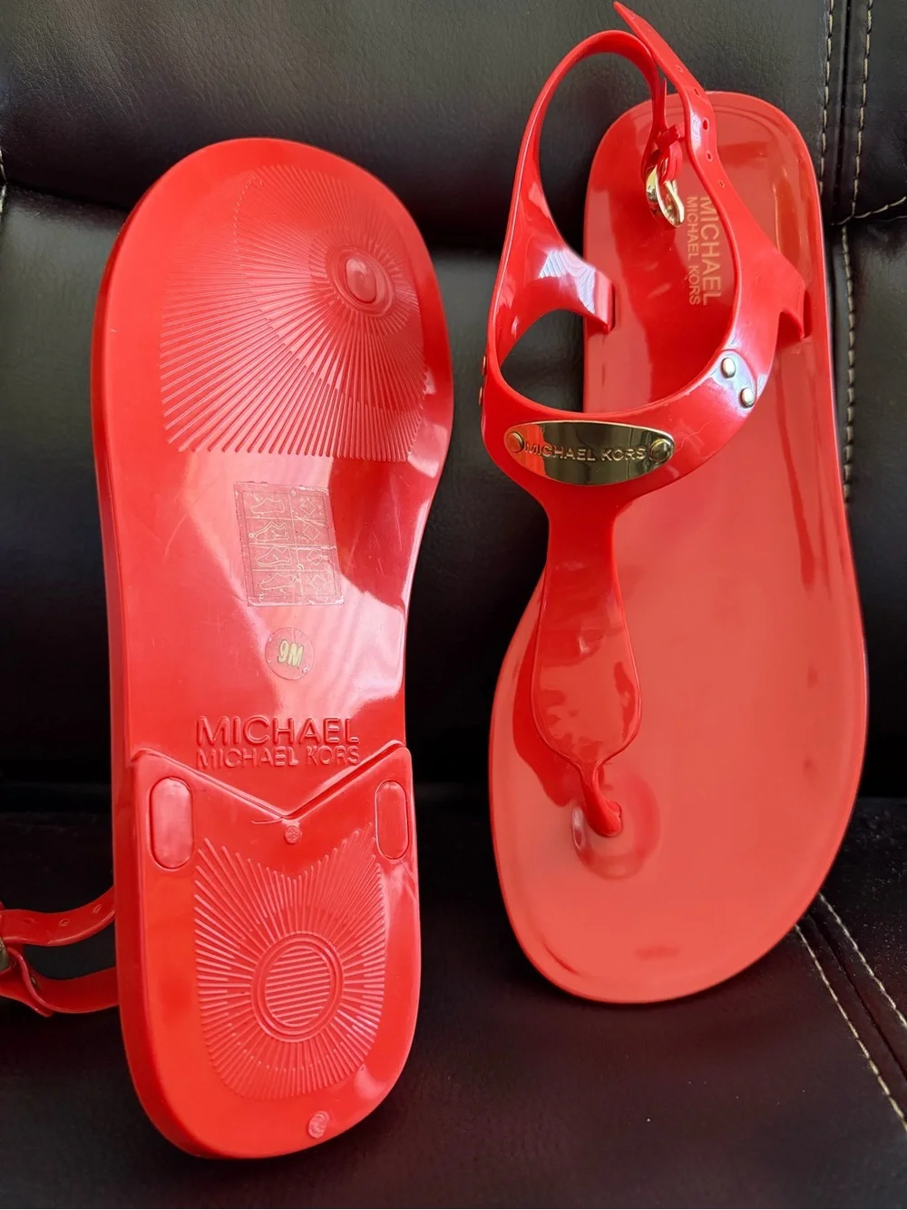 Michael Kors Coral T-Strap Jelly Sandals with Gold Accent